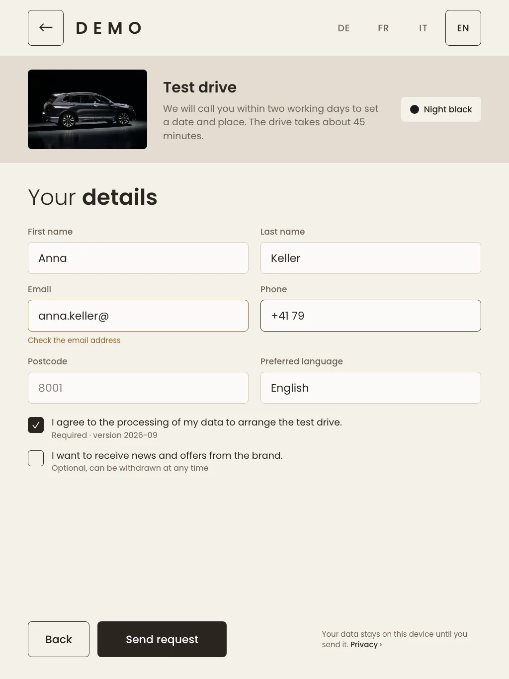 Kiosk contact form for a test drive, with large fields and separate consents.